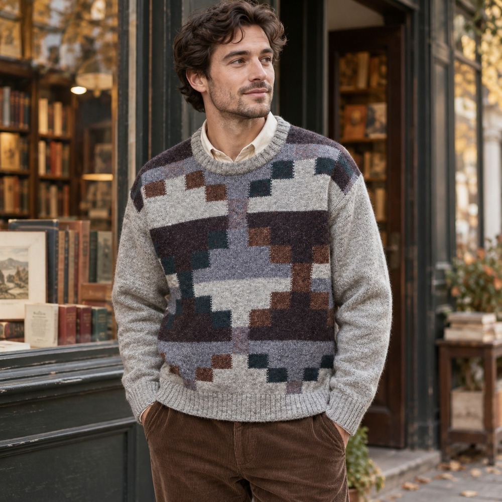 VTG Cattivo Mens L Shetland Wool Sweater Gray Geometric Grandpacore Preppy Indie